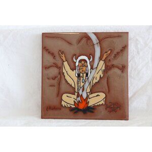 Vintage 1984 Leone Kuhne Earthtones Tile Navajo Indian Shaman And Fire Painted